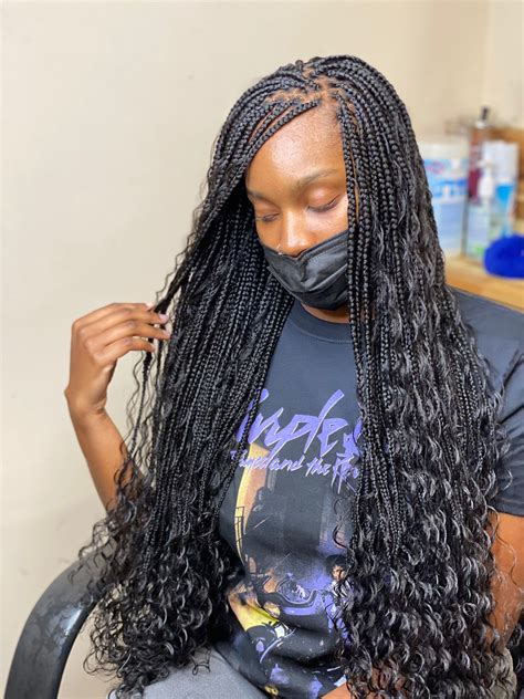 Boho Knotless Braided Wig,bohemain box braids,4by4 Closure unit for black women,cheap full lace frontal wig for protective styling in stock; Styles To Rock: Full Lace braids, Black braids, Boho Goddess braids, small Knotless braids, Wigs, …